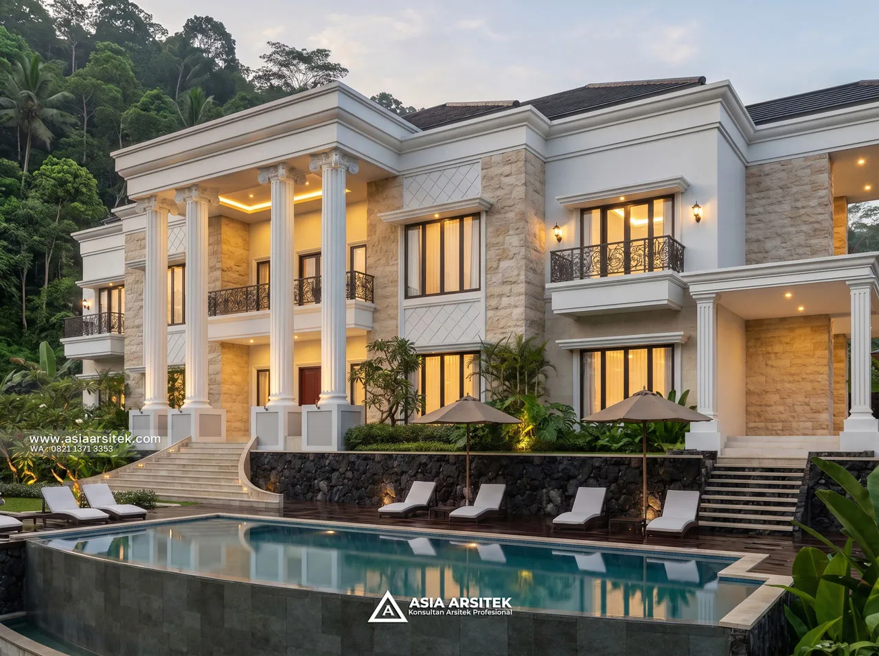 Desain Depan Kolam Renang Villa Mansion Mewah 2 Lantai Bapak ERW di Puncak Bogor
