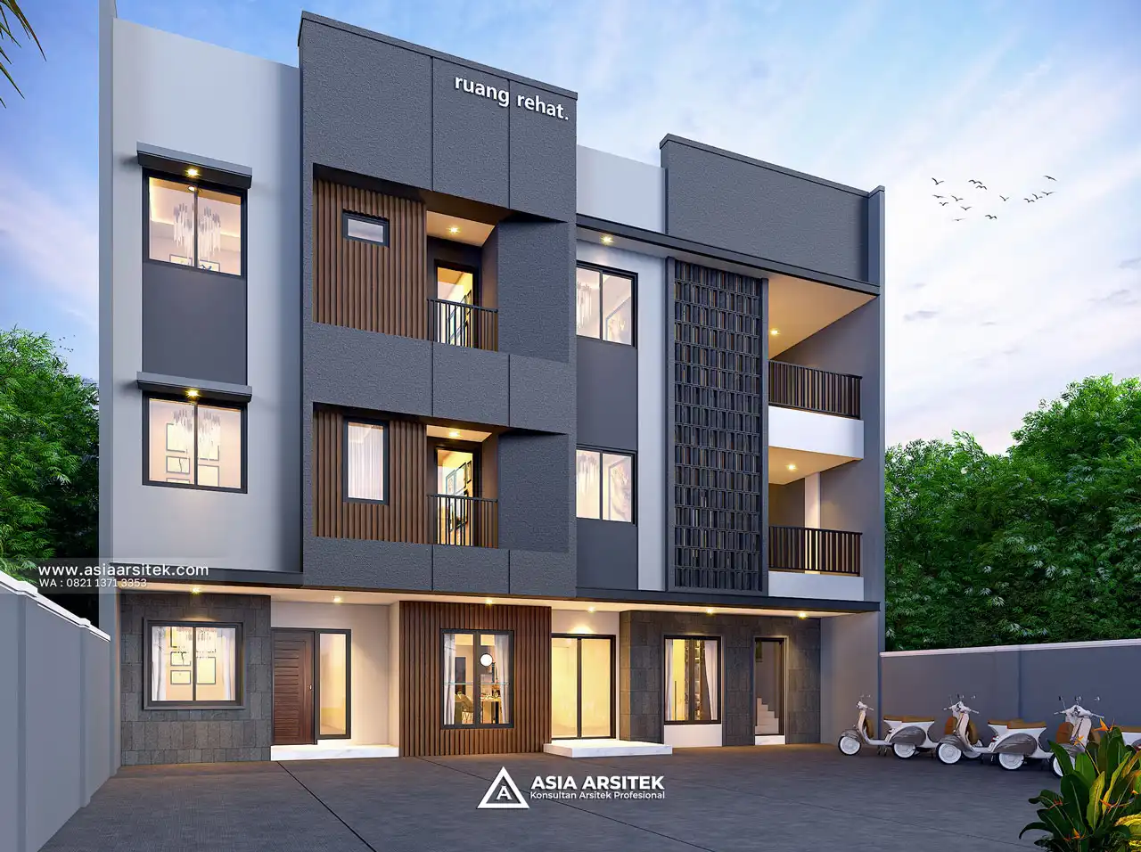 Desain Depan Kost Modern 3 Lantai Ibu RMW di Rembang Jawa Tengah