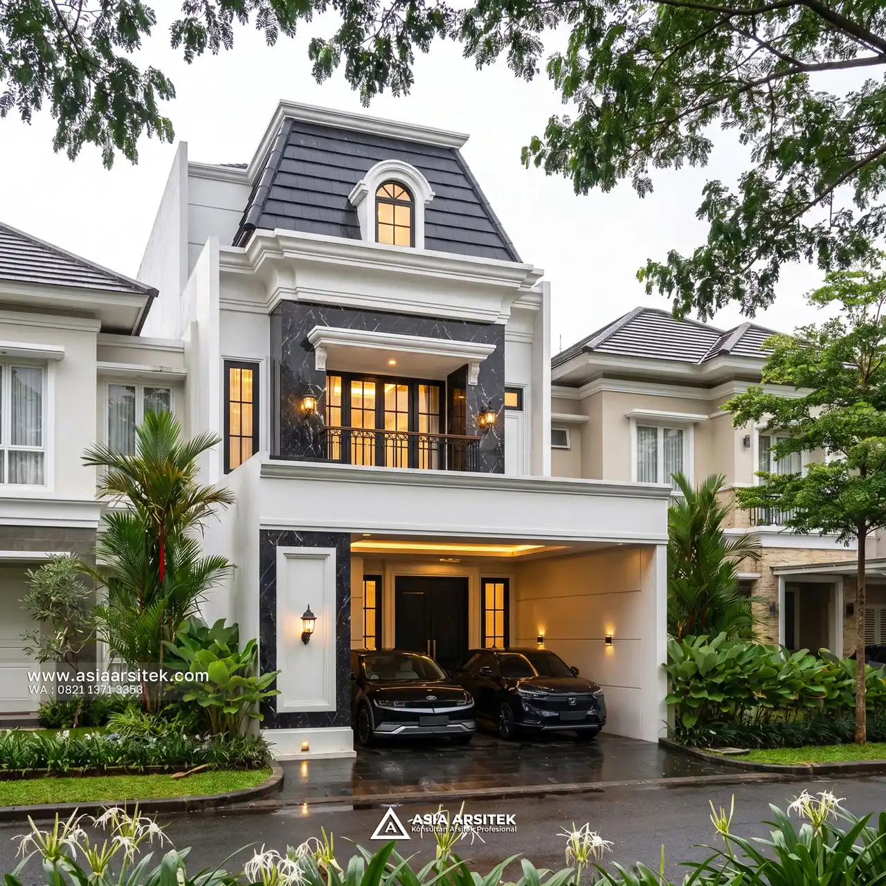 Desain Depan Rumah Tropis 3 Lantai Ibu CFN di Serpong Utara Tangerang