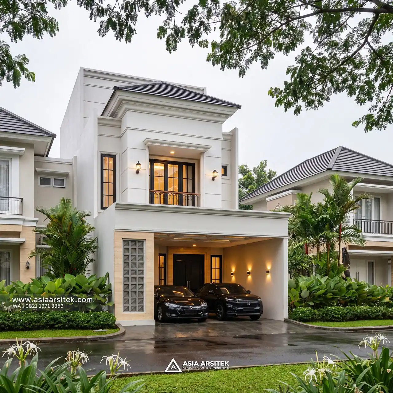 Desain Depan Rumah Tropis 3 Lantai Ibu CHF di Kelapa Indah Tangerang