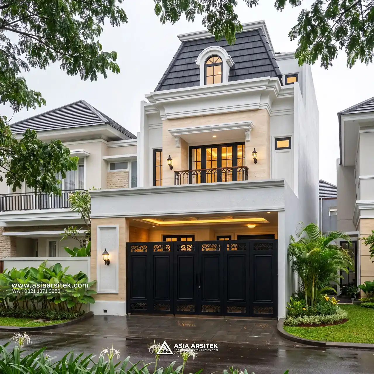 Desain Depan Rumah Tropis 3 Lantai Ibu FNY di Buaran Indah Tangerang