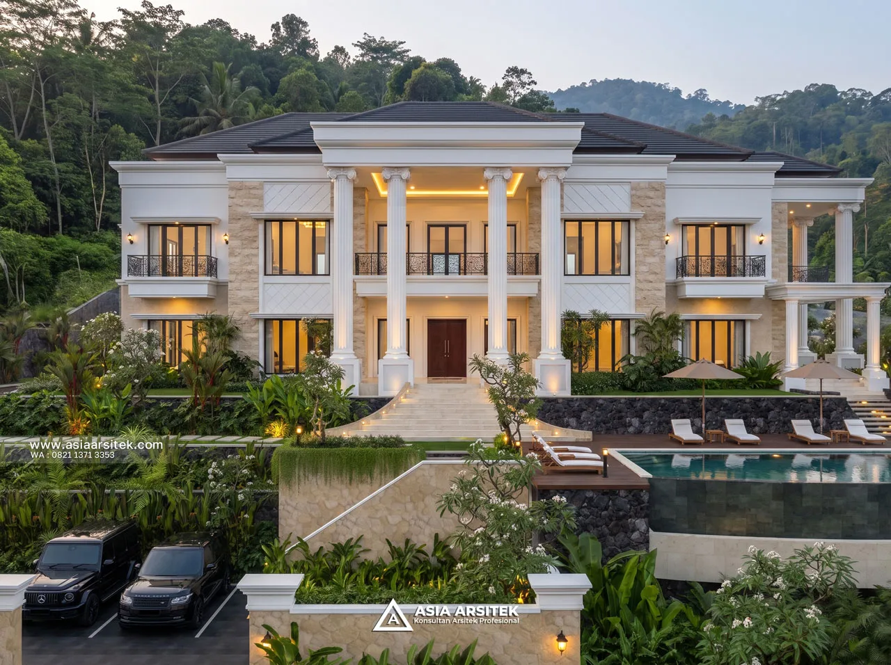 Desain Depan Villa Mansion Mewah 2 Lantai Bapak ERW di Puncak Bogor