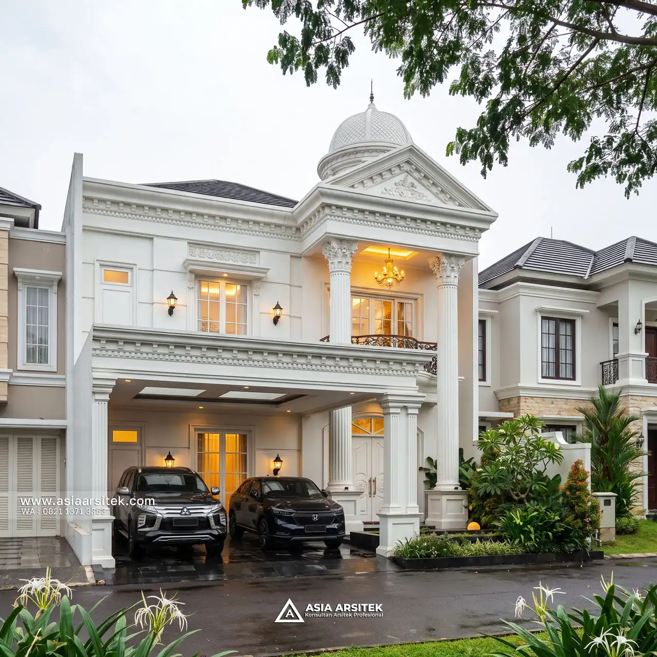 Desain Fasad Depan Rumah Klasik 2 Lantai Bapak H. NRH di Banjarbaru Kalimantan Selatan