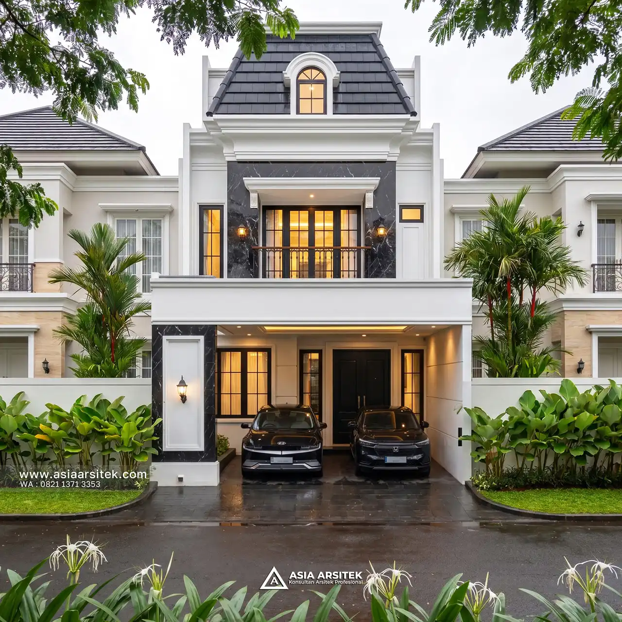 Desain Fasad Depan Rumah Tropis 3 Lantai Ibu CFN di Serpong Utara Tangerang