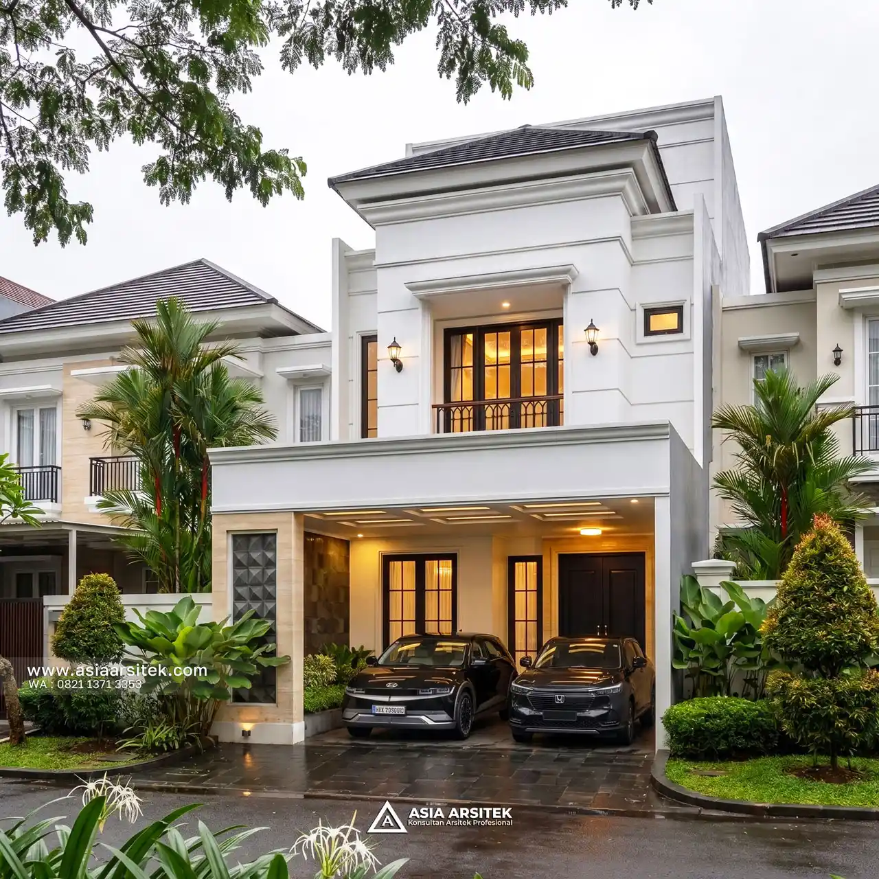 Desain Fasad Depan Rumah Tropis 3 Lantai Ibu CHF di Kelapa Indah Tangerang