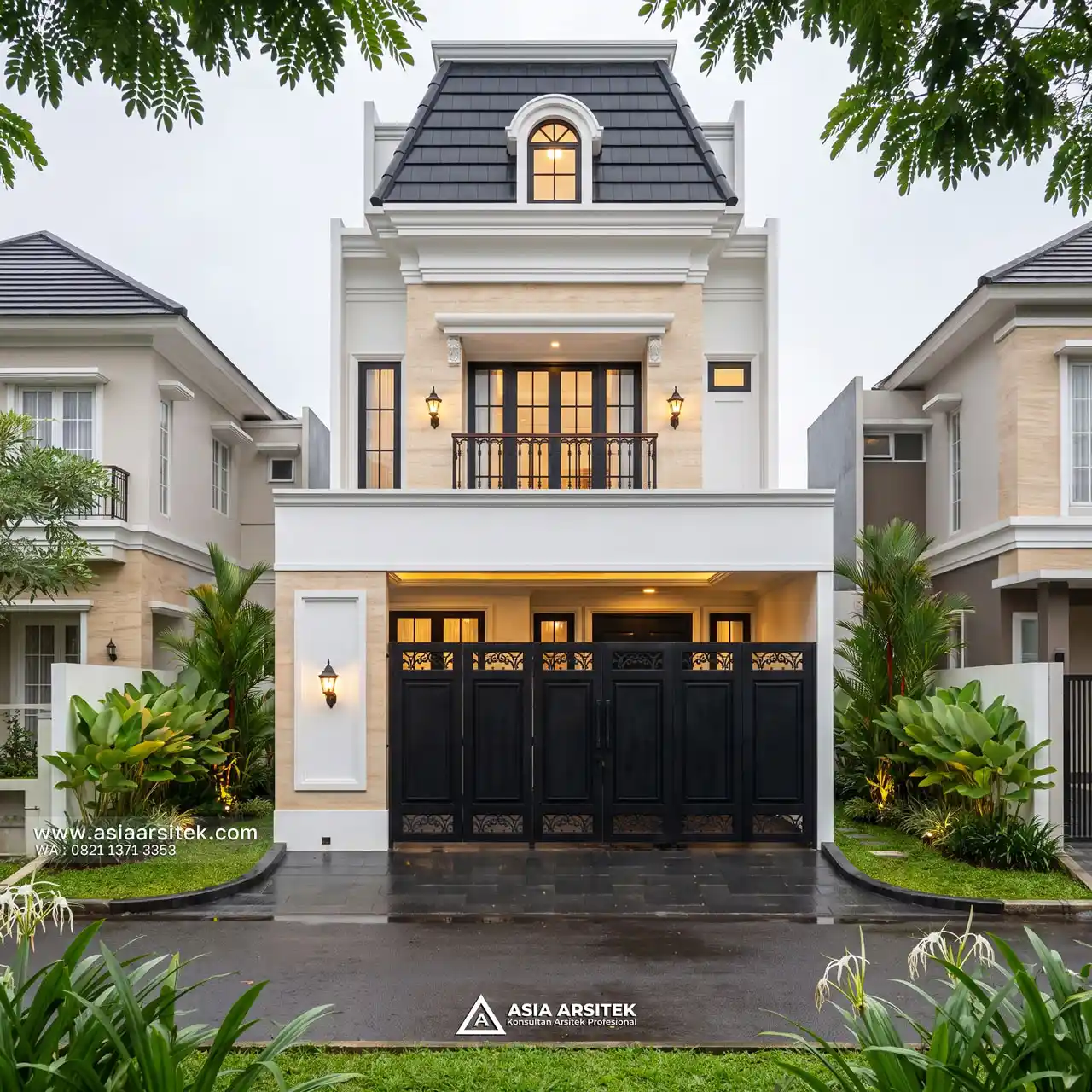 Desain Fasad Depan Rumah Tropis 3 Lantai Ibu FNY di Buaran Indah Tangerang