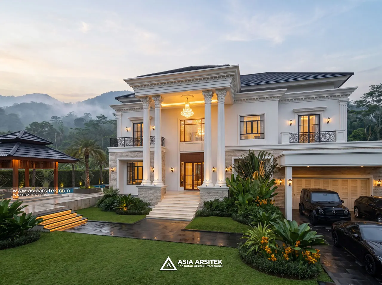 Desain Fasad Depan Villa Mansion Mewah 2 Lantai Bapak BN di Cisarua Bogor
