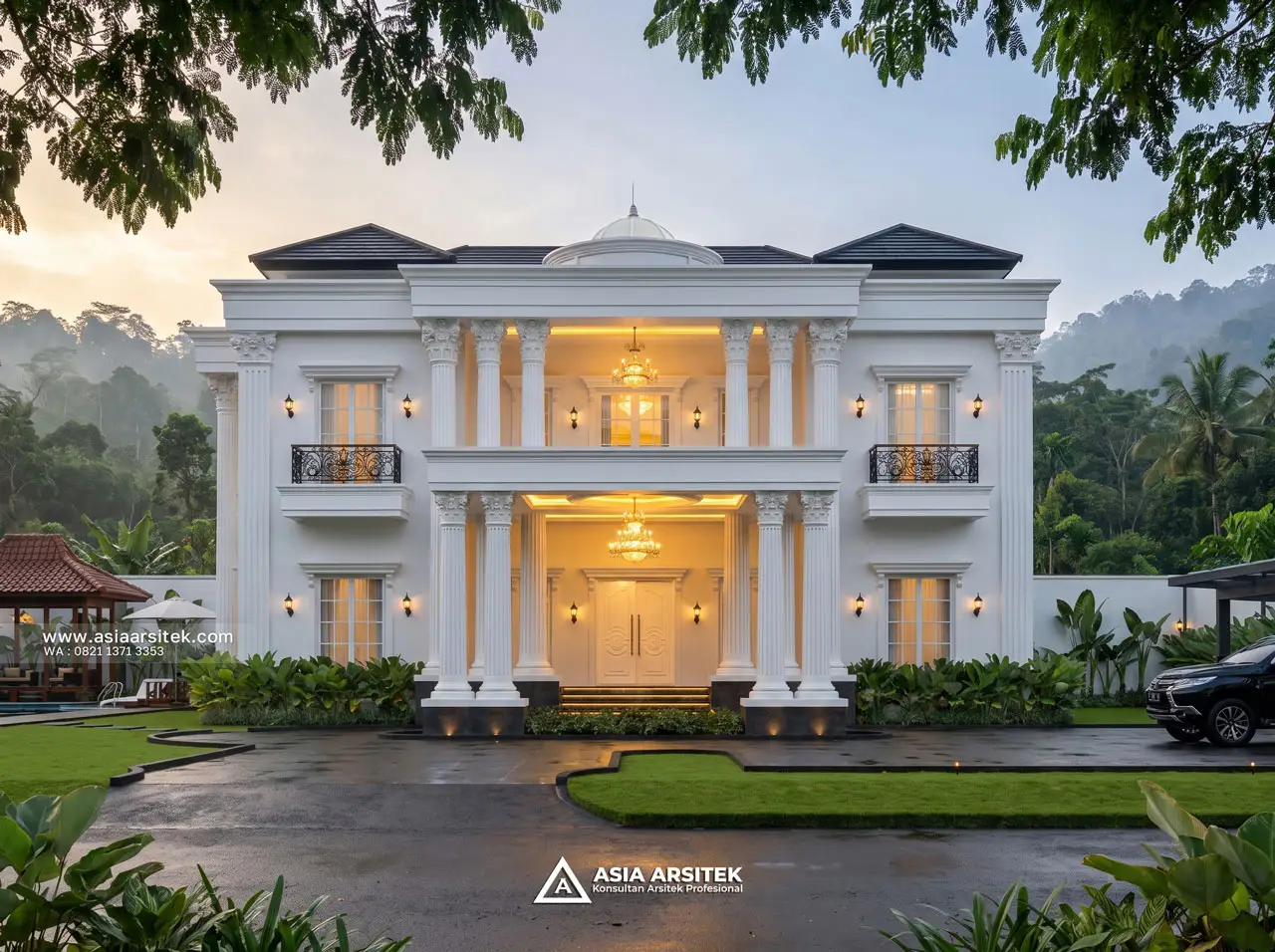 Desain Fasad Depan Villa Mansion Mewah 2 Lantai Bapak EBN di Lembang Bandung