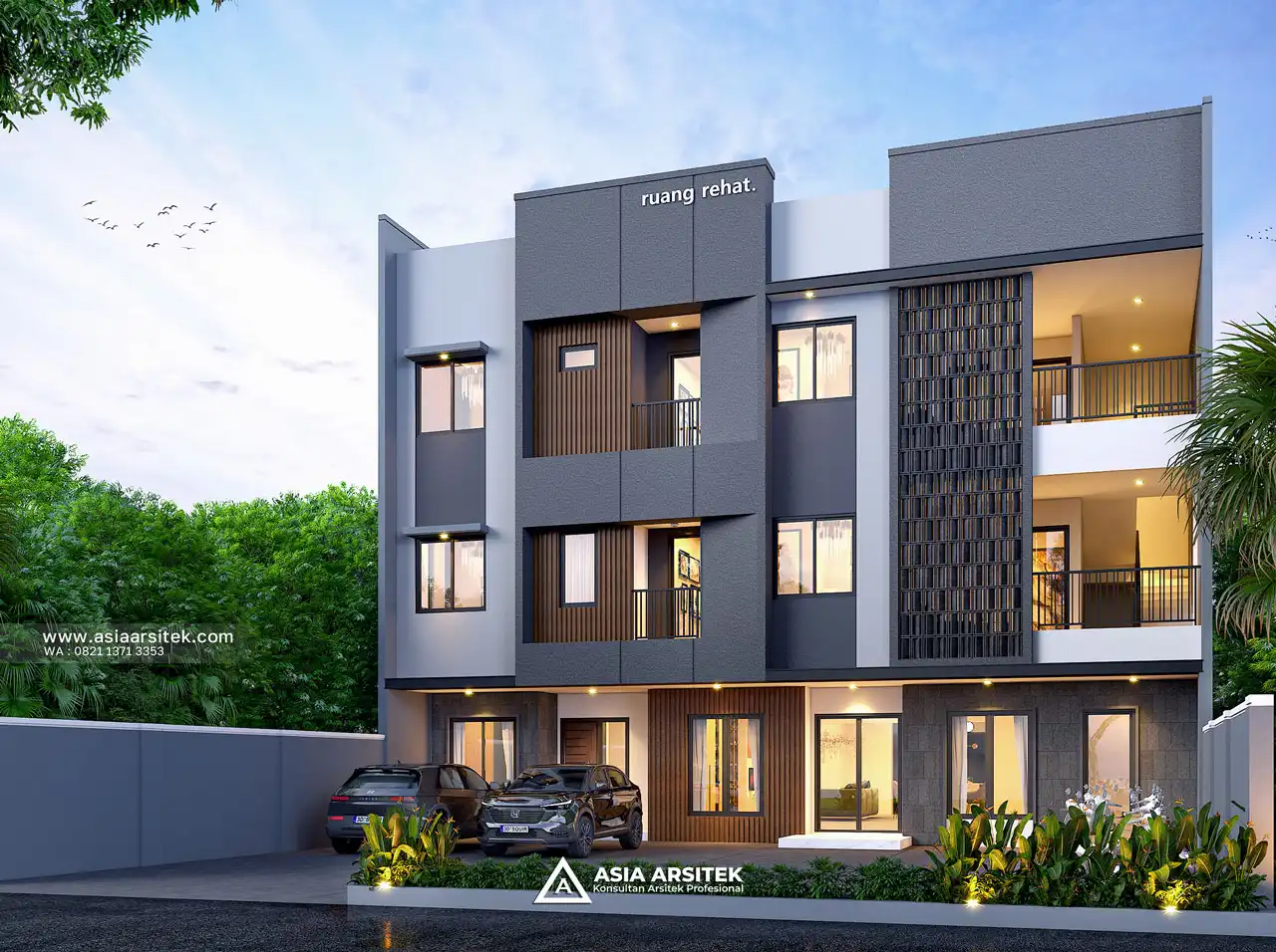 Desain Fasad Kost Modern 3 Lantai Ibu RMW di Rembang Jawa Tengah
