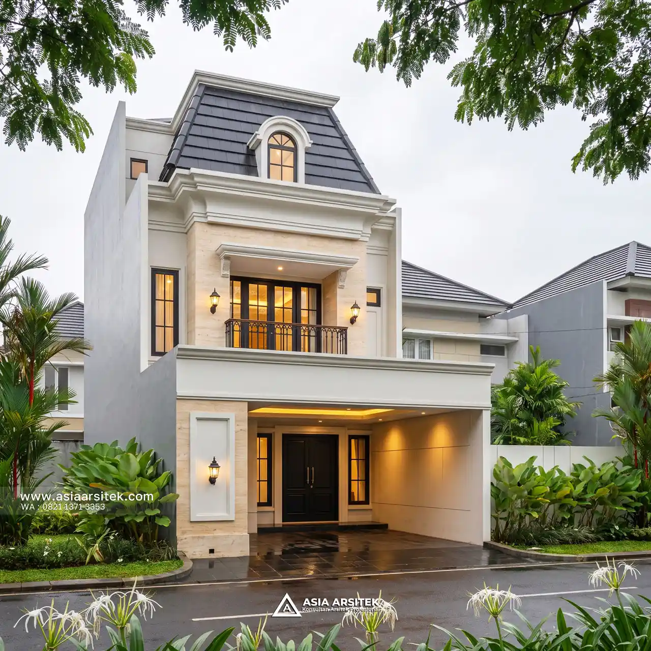 Desain Fasad Rumah Tropis 3 Lantai Ibu FNY di Buaran Indah Tangerang