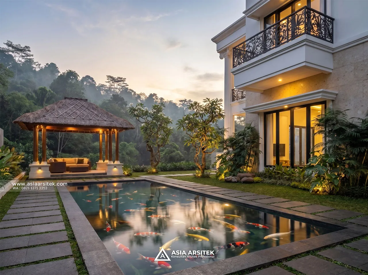 Desain Kolam Ikan Villa Mansion Mewah 2 Lantai Bapak ERW di Puncak Bogor