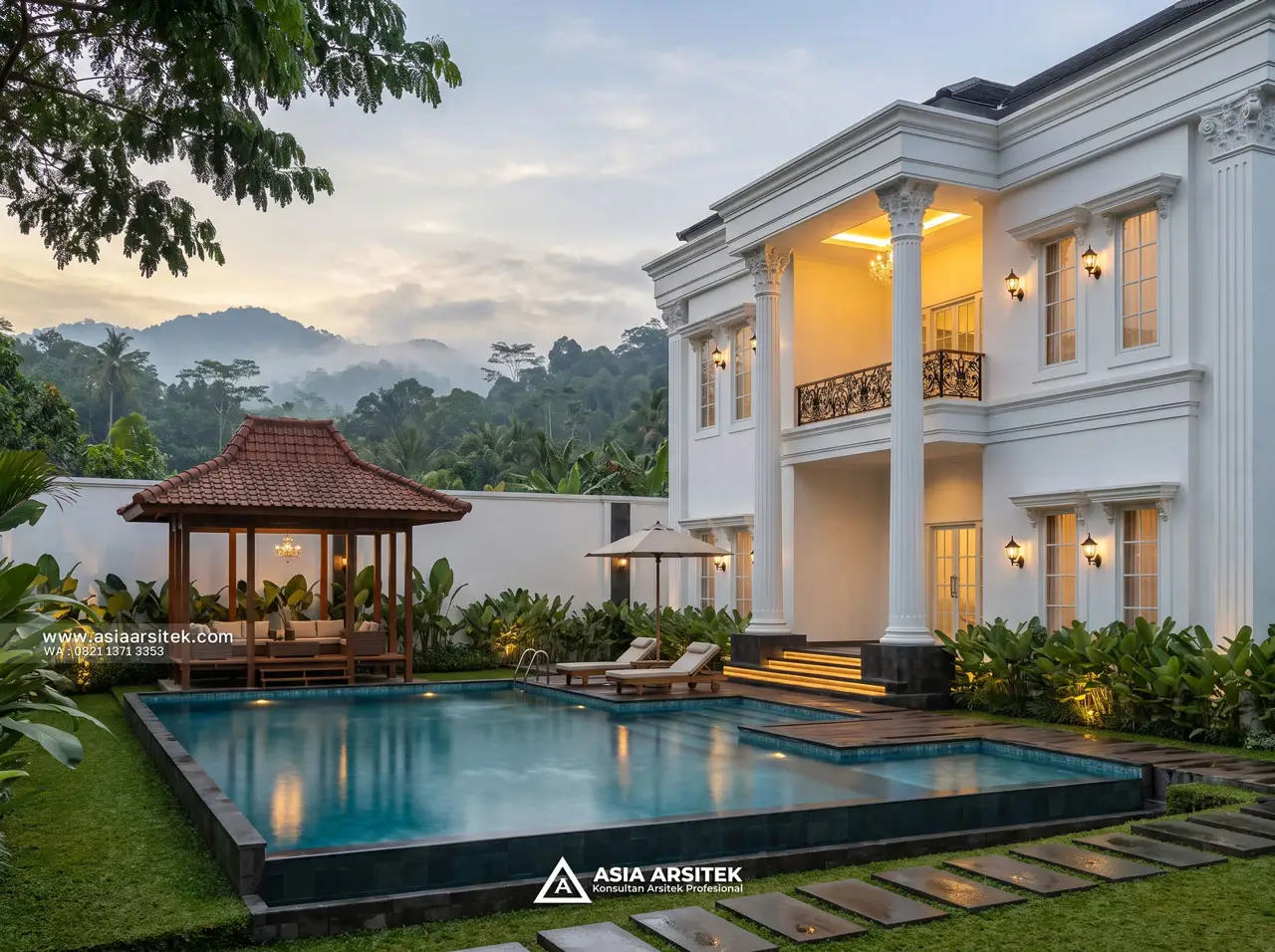 Desain Kolam Renang Elegan Villa Mansion Mewah 2 Lantai Bapak EBN di Lembang Bandung