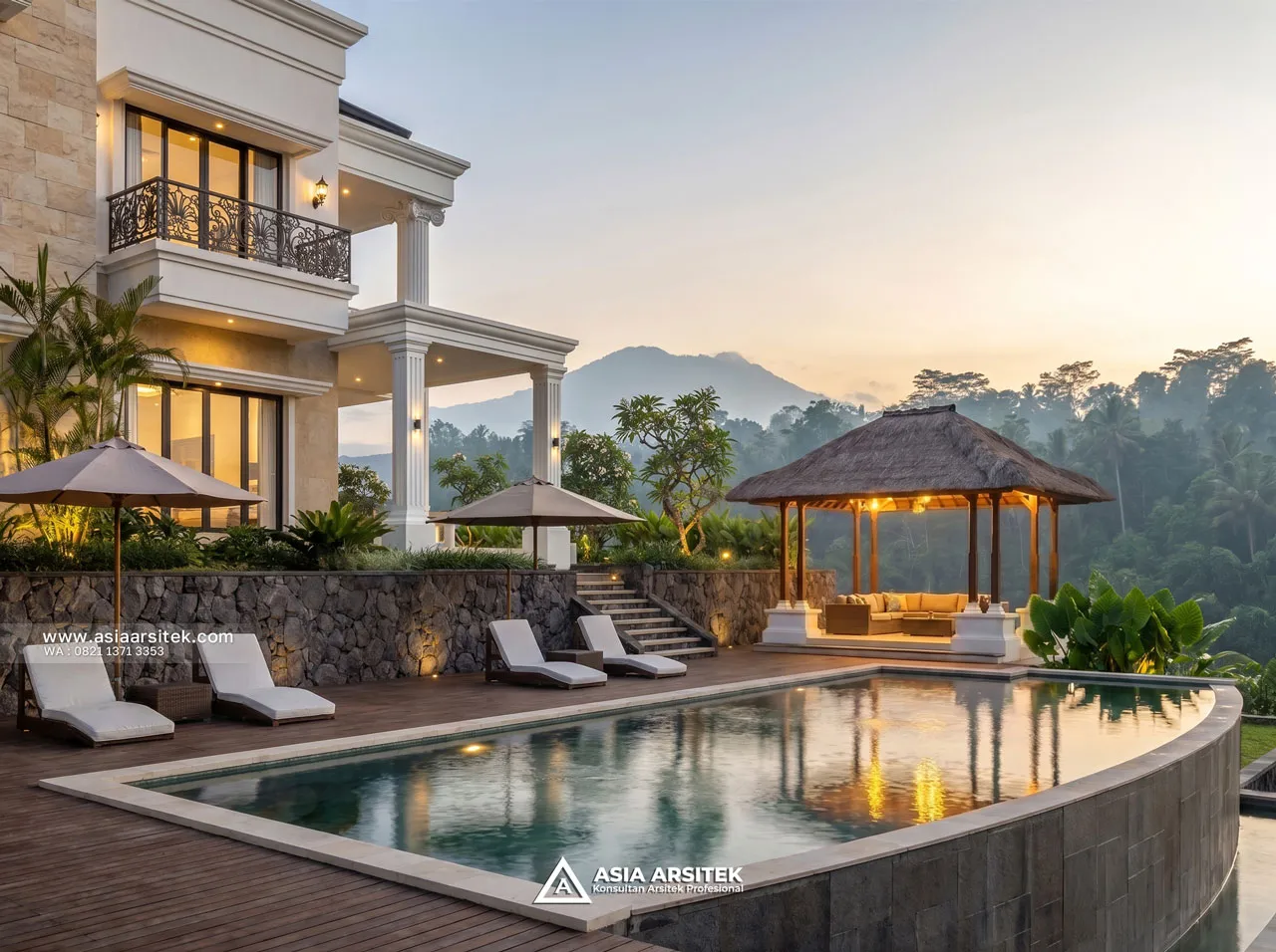 Desain Kolam Renang dan Gazebo Villa Mansion Mewah 2 Lantai Bapak ERW di Puncak Bogor