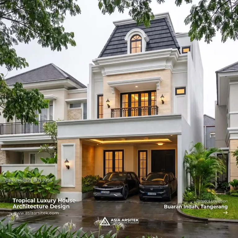 Desain Rumah Tropis 3 Lantai Ibu FNY di Buaran Indah Tangerang