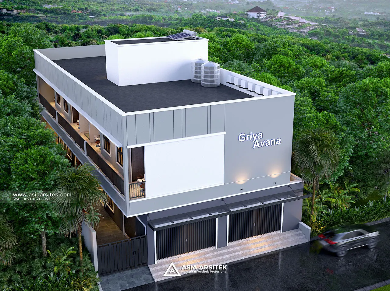 Desain Tampak Atas Depan Kost Modern 2 Lantai Bapak H DSR di Kebon Jeruk Jakarta Barat