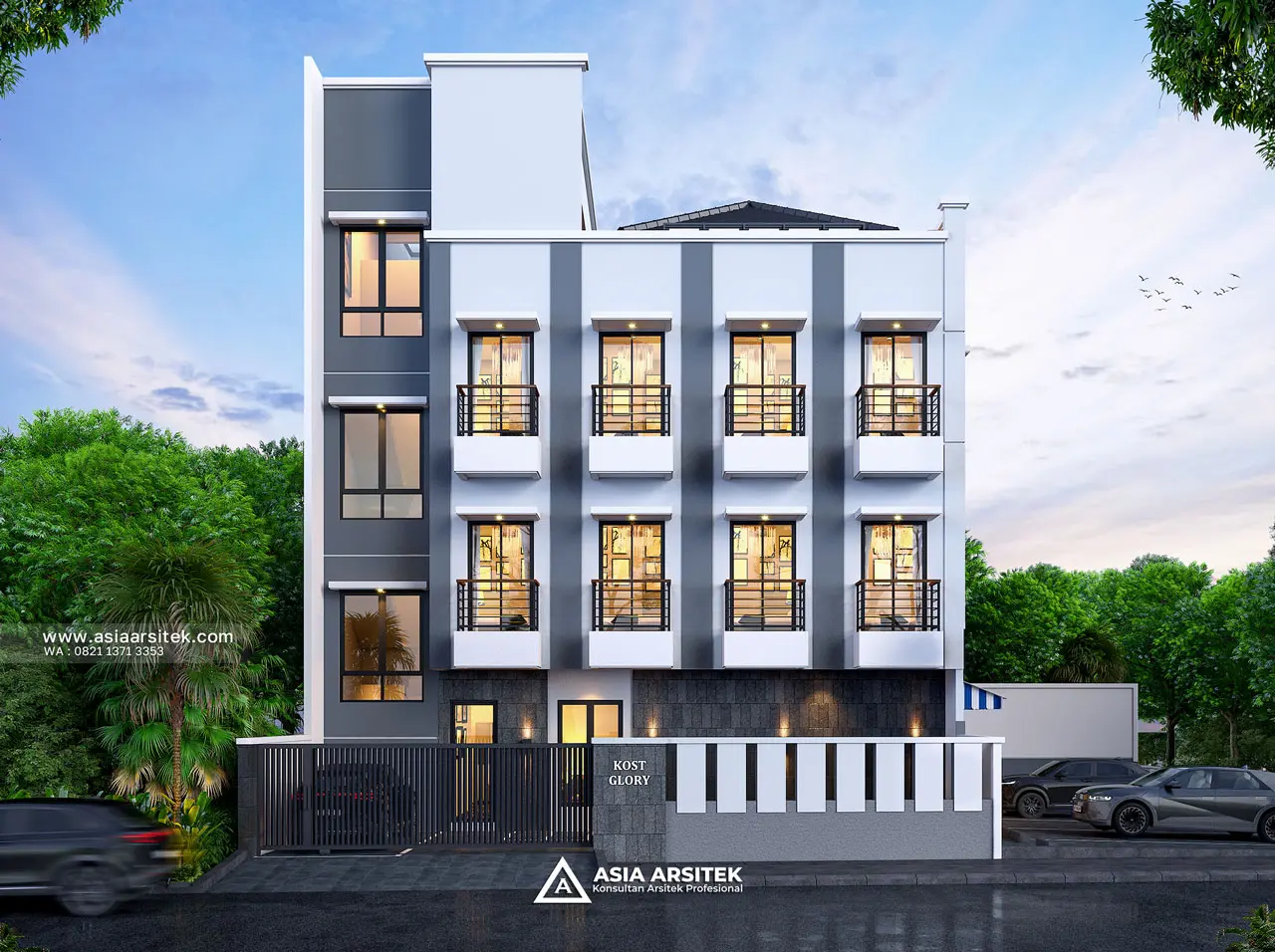 Desain Tampak Depan Kos Kosan 3 Lantai Ibu GLR di Kembangan Jakarta Barat