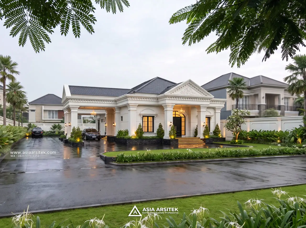 Desain Tampak Depan Rumah Klasik 1 Lantai Bapak NKH di Pangkal Pinang Bangka Belitung