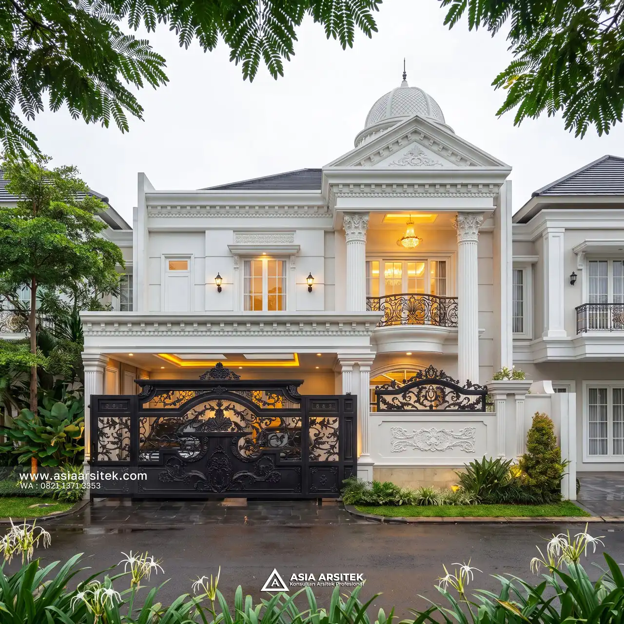 Desain Tampak Depan Rumah Klasik 2 Lantai Bapak H. NRH di Banjarbaru Kalimantan Selatan