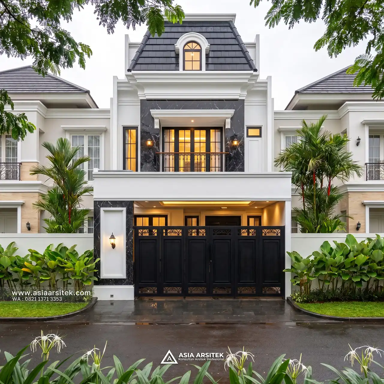 Desain Tampak Depan Rumah Tropis 3 Lantai Ibu CFN di Serpong Utara Tangerang