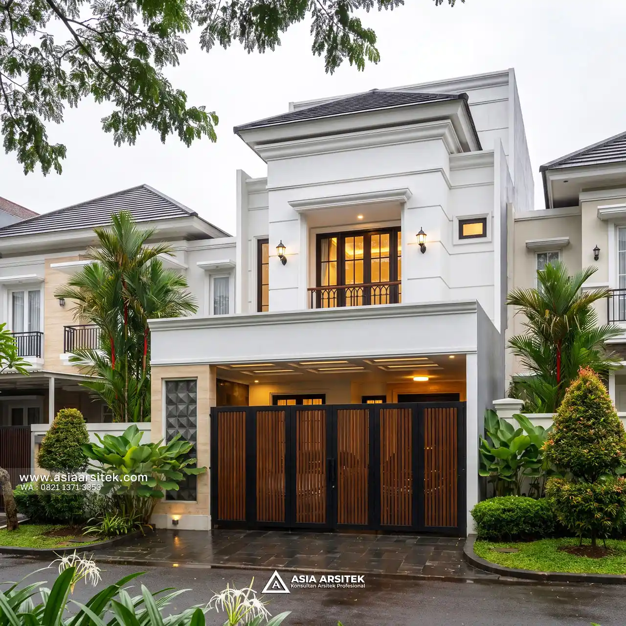 Desain Tampak Depan Rumah Tropis 3 Lantai Ibu CHF di Kelapa Indah Tangerang