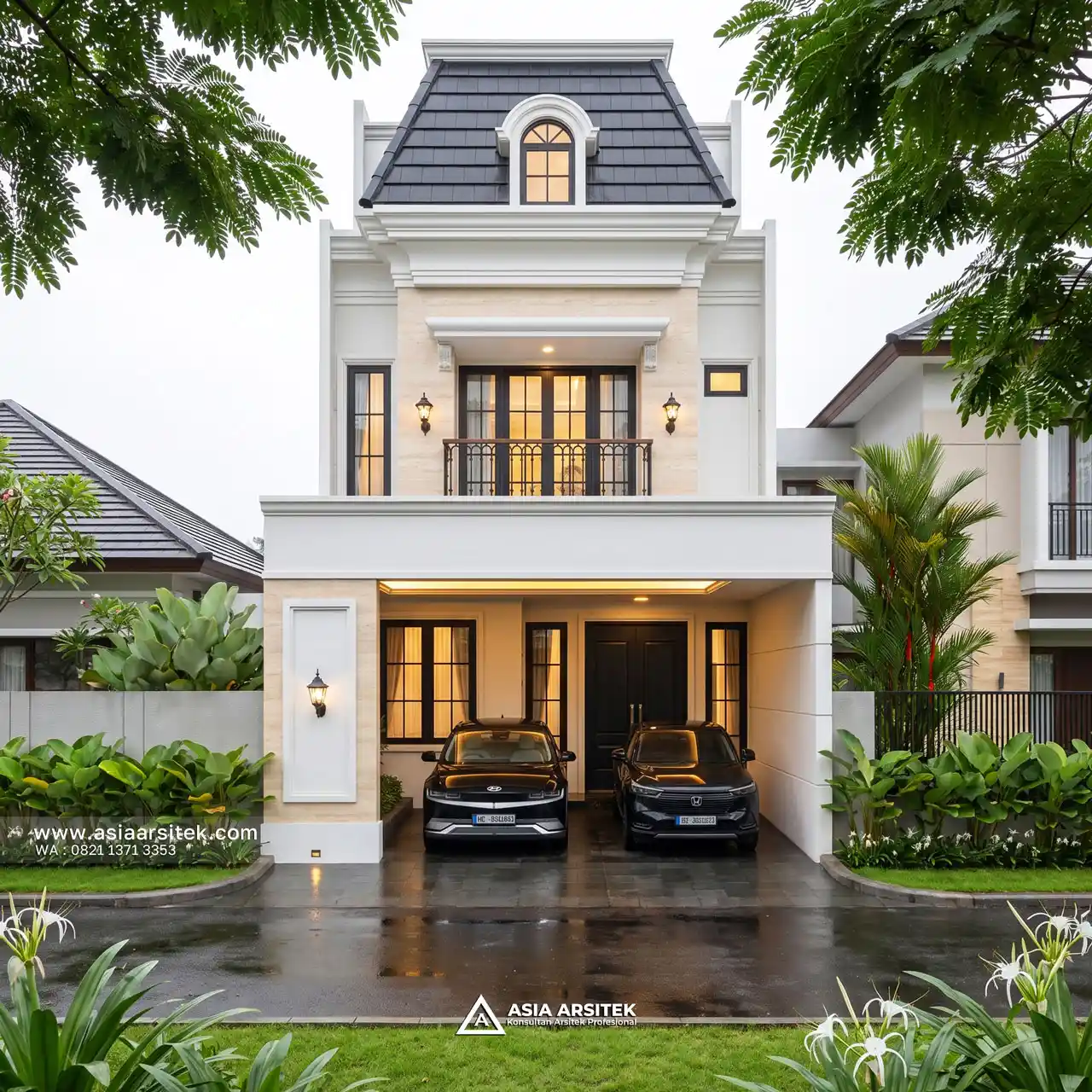Desain Tampak Depan Rumah Tropis 3 Lantai Ibu FNY di Buaran Indah Tangerang