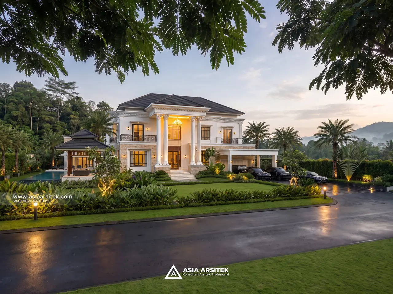Desain Tampak Depan Villa Mansion Mewah 2 Lantai Bapak BN di Cisarua Bogor