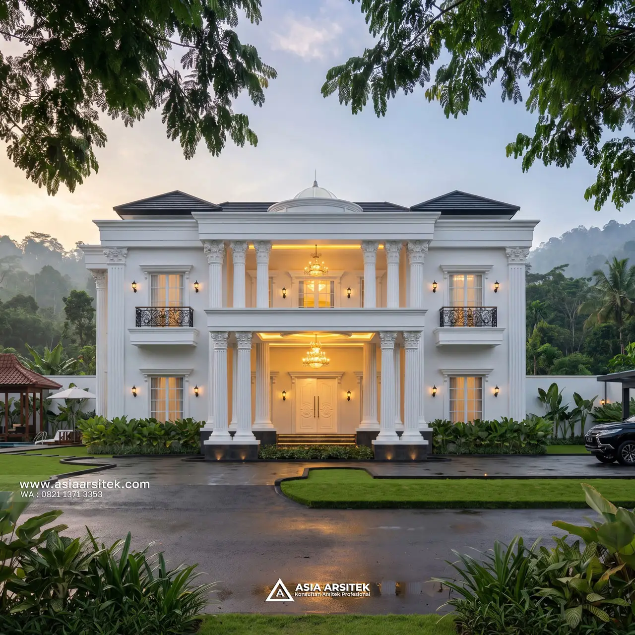 Desain Tampak Depan Villa Mansion Mewah 2 Lantai Bapak EBN di Lembang Bandung