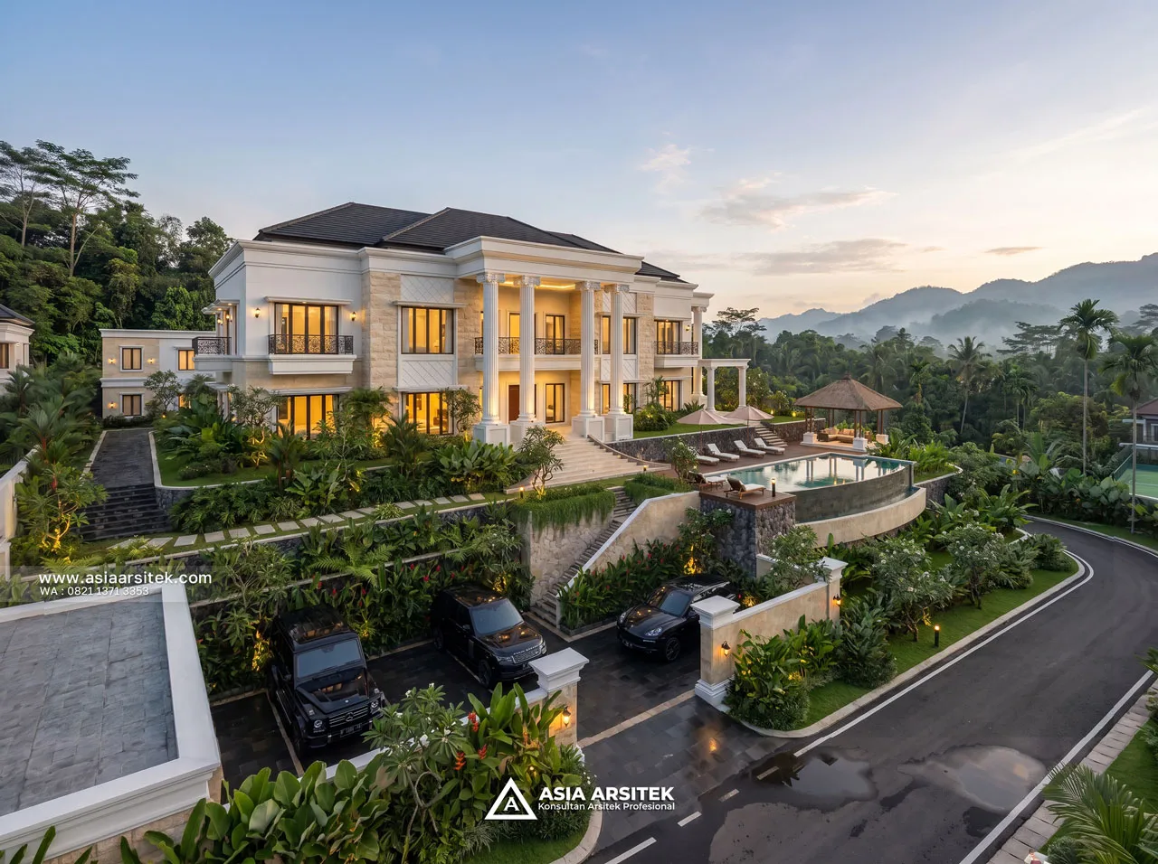 Desain Tampak Depan Villa Mansion Mewah 2 Lantai Bapak ERW di Puncak Bogor
