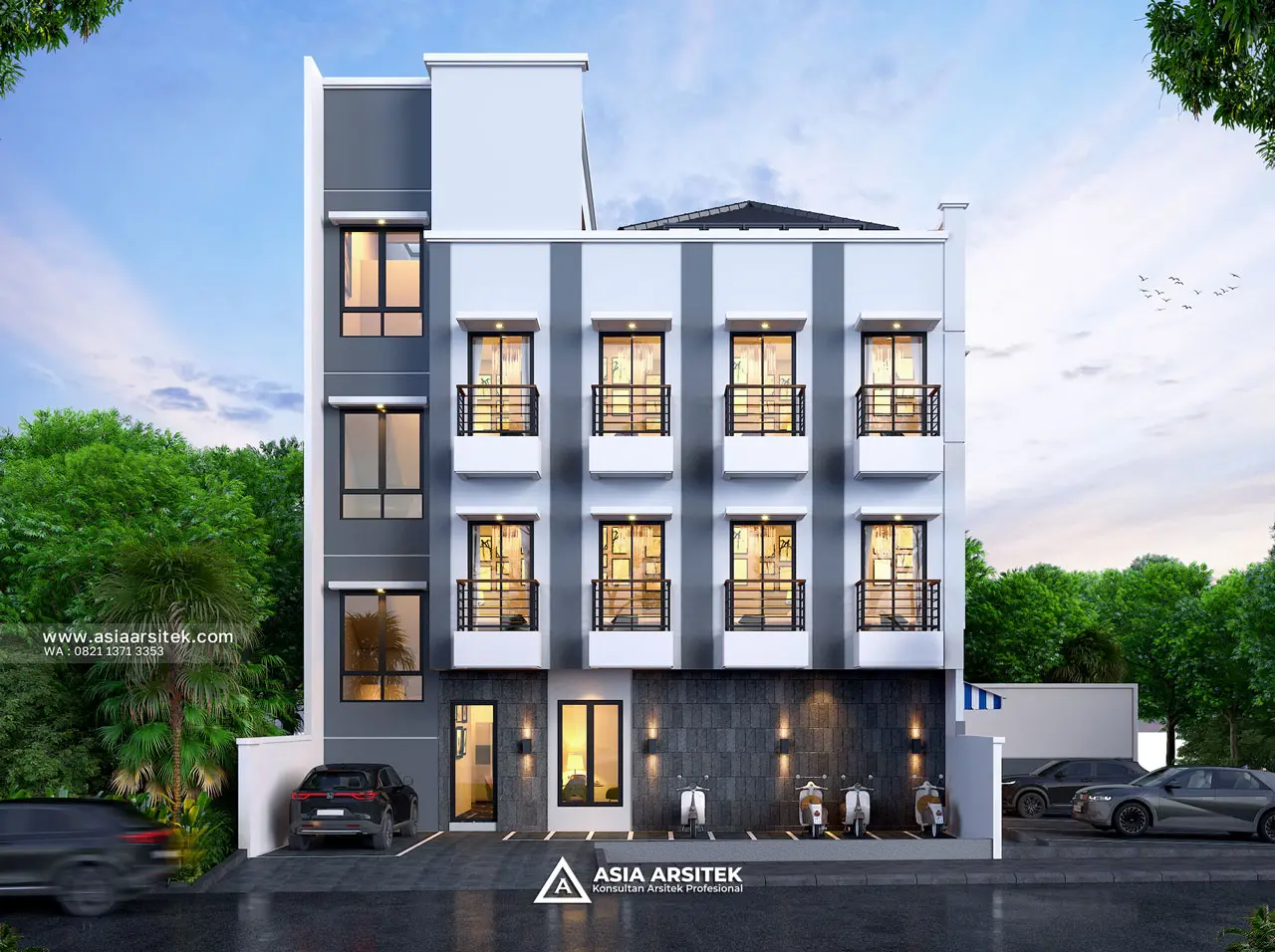 Desain Tampak Fasad Kos Kosan 3 Lantai Ibu GLR di Kembangan Jakarta Barat