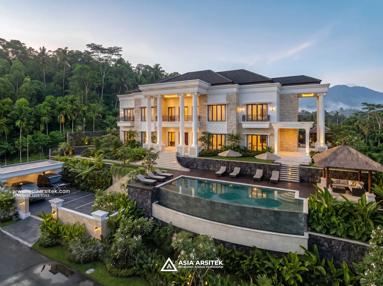 Desain Tampak Fasad Villa Mansion Mewah 2 Lantai Bapak ERW di Puncak Bogor