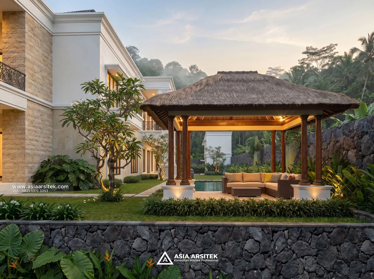 Desain Tampak Gazebo Belakang Villa Mansion Mewah 2 Lantai Bapak ERW di Puncak Bogor