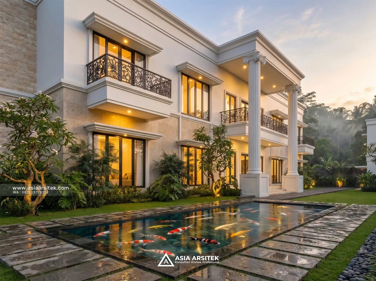 Desain Tampak Kolam Ikan Villa Mansion Mewah 2 Lantai Bapak ERW di Puncak Bogor