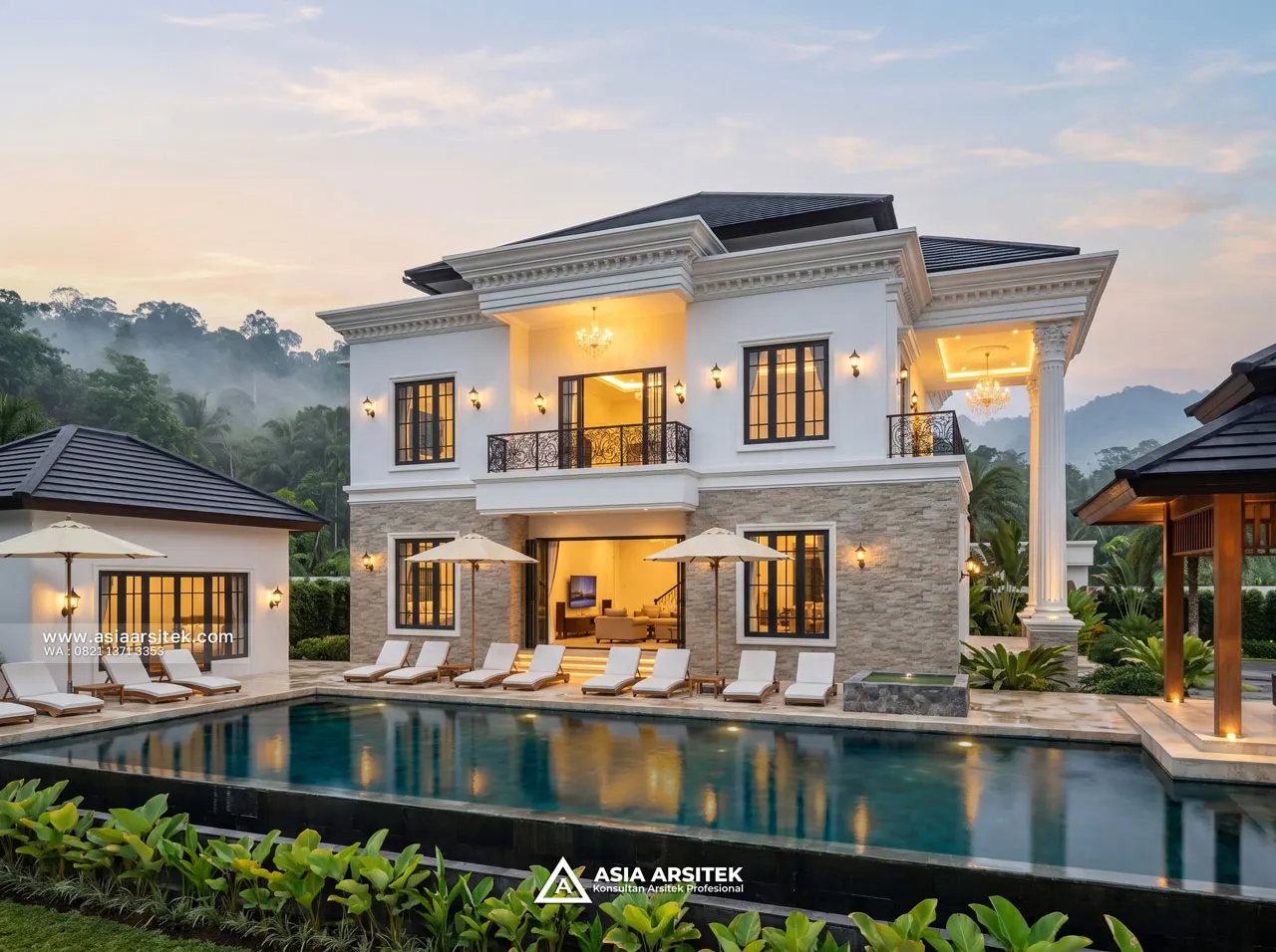 Desain Tampak Samping Villa Mansion Mewah 2 Lantai Bapak BN di Cisarua Bogor