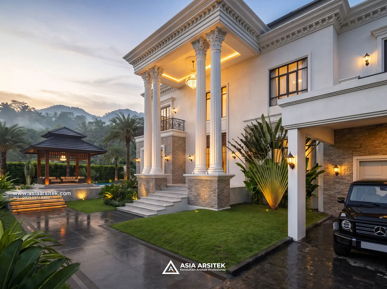 Desain Teras Depan Villa Mansion Mewah 2 Lantai Bapak BN di Cisarua Bogor
