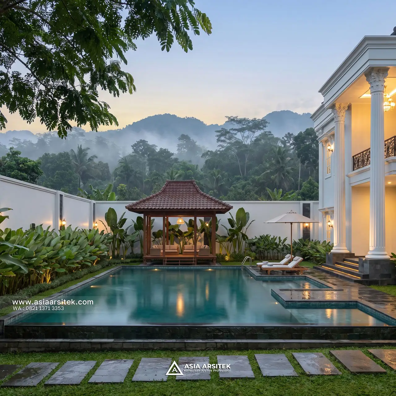 Desain View Kolam Renang Villa Mansion Mewah 2 Lantai Bapak EBN di Lembang Bandung