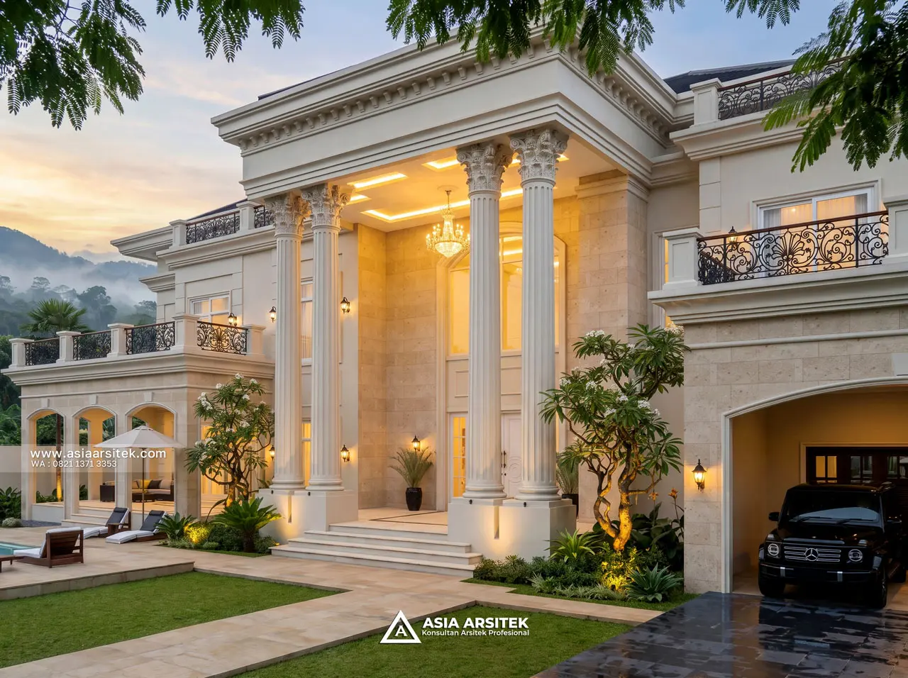 Desain Fasad Depan Pilar Villa Mansion Mewah 2 Lantai Bapak EWB di Batu Malang