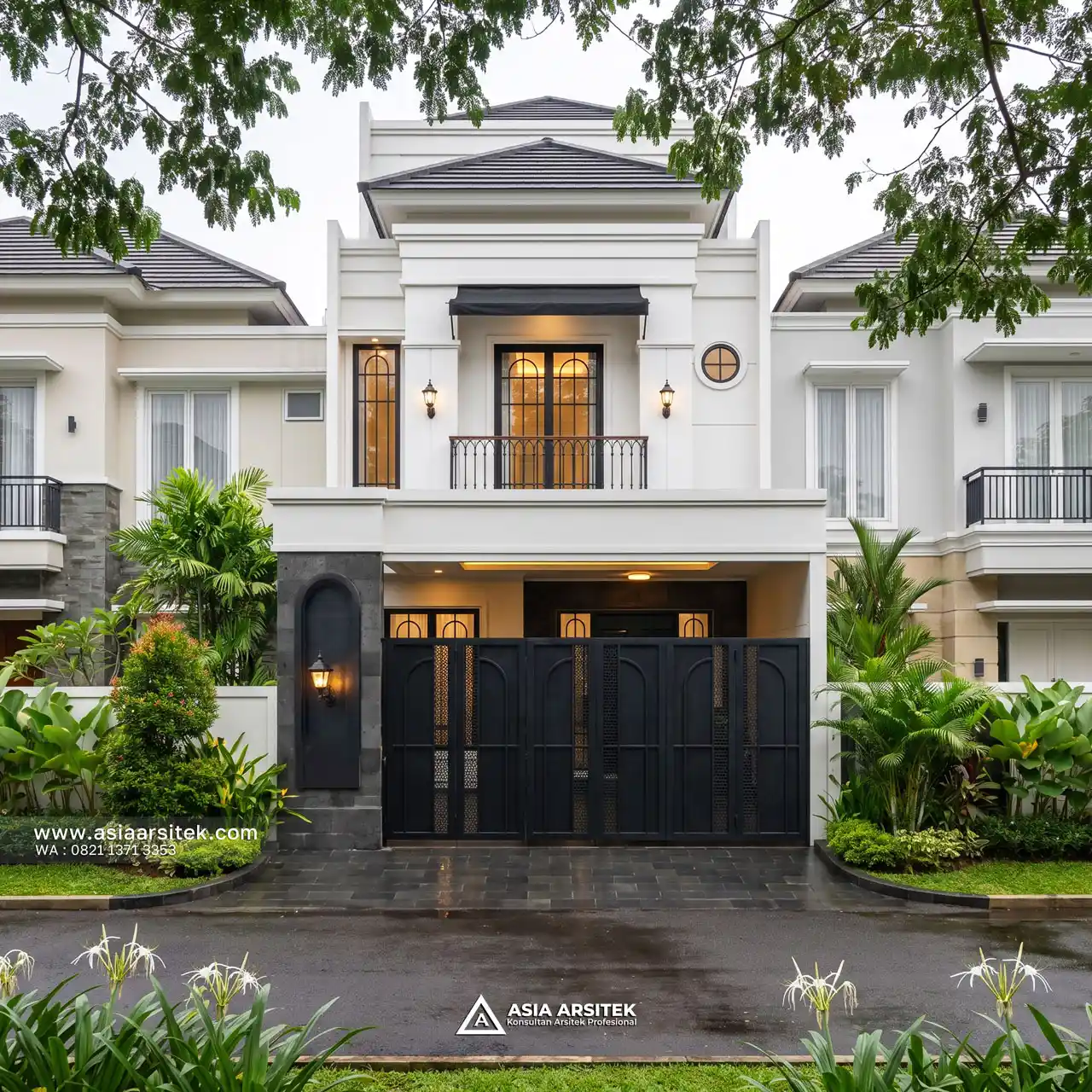 Desain Fasad Depan Rumah Mediterania 3 Lantai Ibu FN di Serpong Utara Tangerang