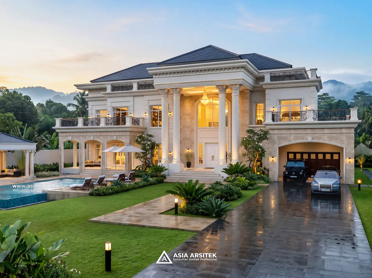 Desain Fasad Depan Villa Mansion Mewah 2 Lantai Bapak EWB di Batu Malang