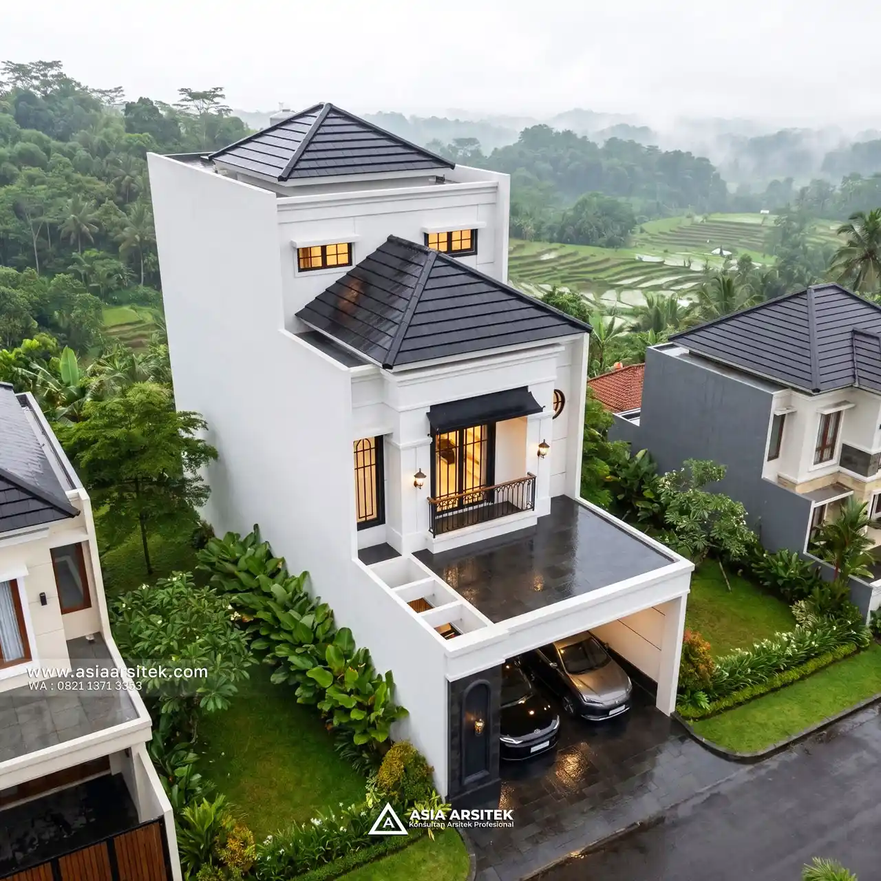 Desain Tampak Atas Rumah Mediterania 3 Lantai Ibu FN di Serpong Utara Tangerang
