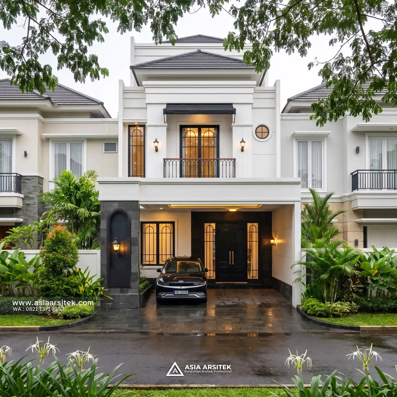 Desain Tampak Depan Rumah Mediterania 3 Lantai Ibu FN di Serpong Utara Tangerang