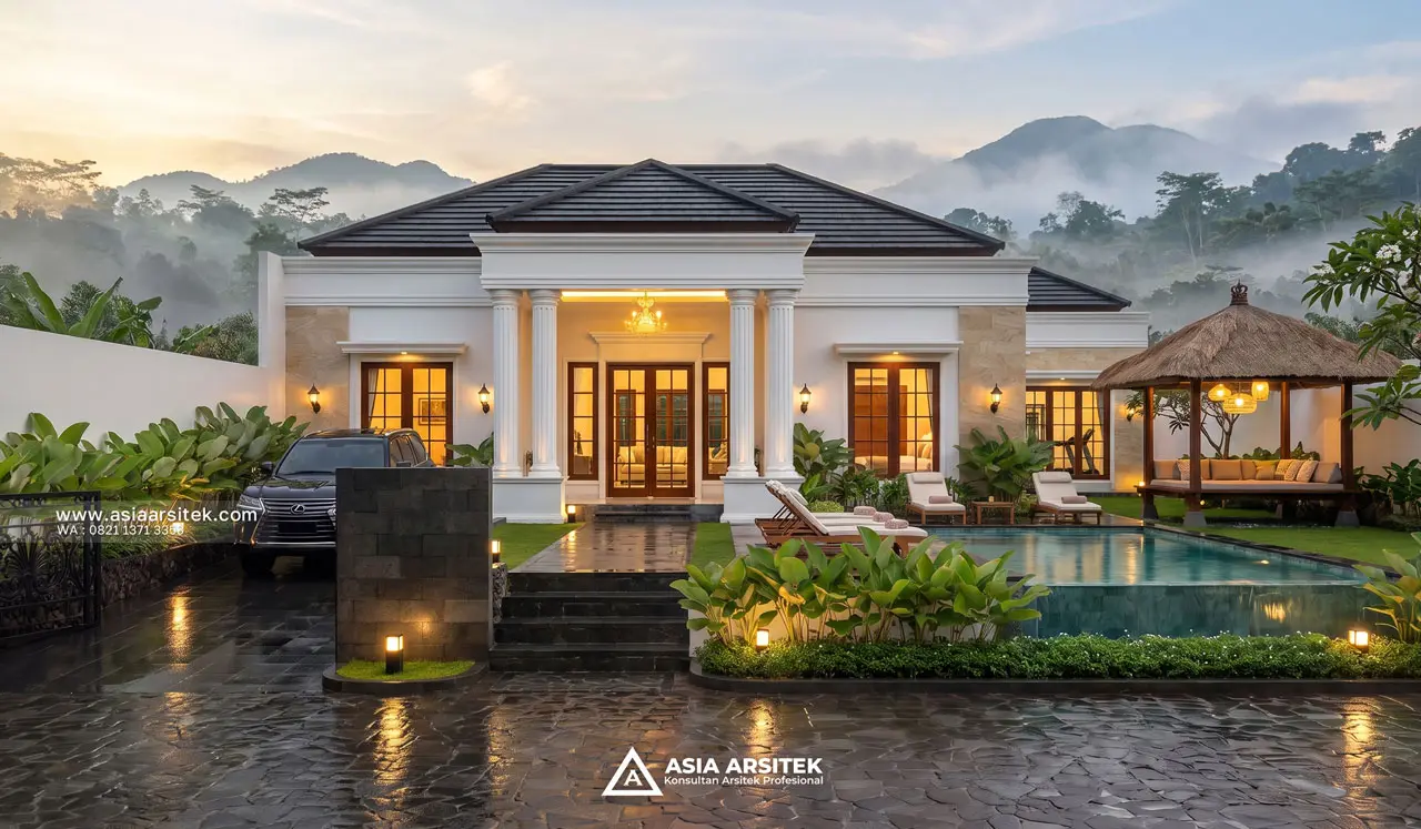 Desain Tampak Depan Villa Mansion Mewah 1 Lantai Bapak H. EB di Banjarbaru