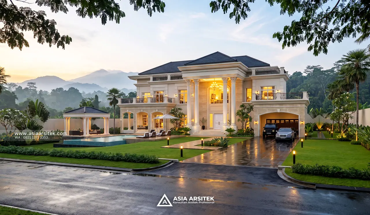 Desain Tampak Depan Wide Villa Mansion Mewah 2 Lantai Bapak EWB di Batu Malang