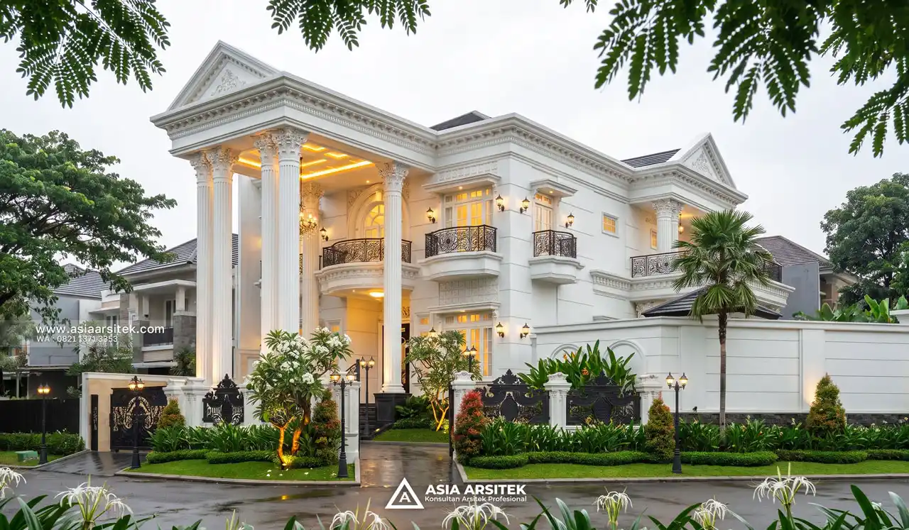 Jasa Desain View Tampak Depan Rumah Klasik 3 Lantai Bapak LMN di Sentul City Bogor